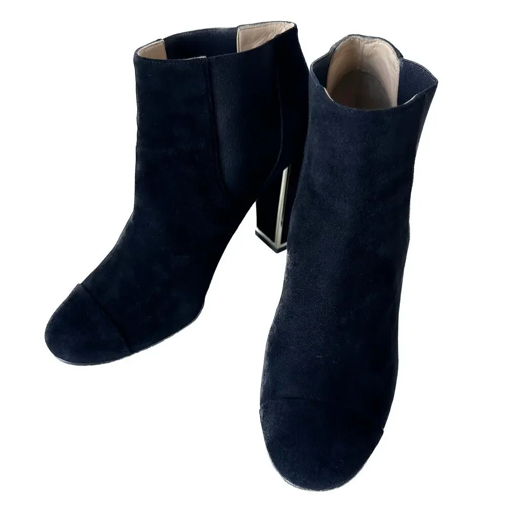 CHANEL Black Suede Gold Logo Chelsea Heel Ankle Boots IT 39.5